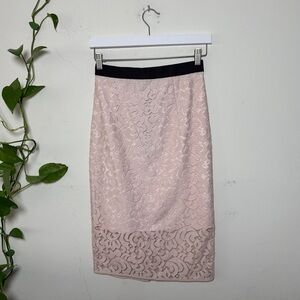 Milly Women's Midi Light Pink Lace Pencil Skirt with a Black Waistband - 2
